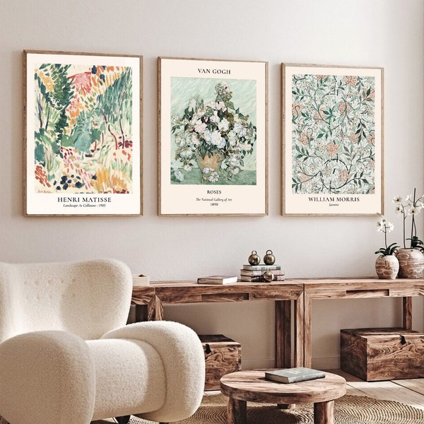 Green Eclectic Gallery Wall Set Of 3 Prints Exhibition 3 Piece Art Prints Digital Download Art Modern Wall Prints Floral Prints Boho Posters