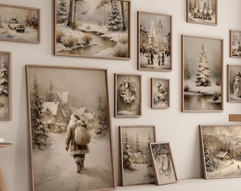May include: A collection of framed winter landscape paintings in various sizes, depicting snowy scenes with trees, houses, and figures. The artwork features a muted color palette with brown wooden frames, creating a cohesive gallery wall display.