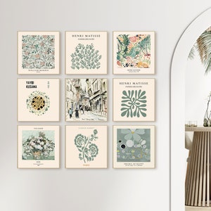 Set di 9 stampe da parete quadrate: set da parete con galleria verde, arredamento moderno per la casa, stampe eclettiche da esposizione quadrate, arredamento da parete vintage neutro
