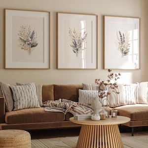 Set of 3 Beige Watercolor Wildflower Prints: Boho Botanical Wall Art (Digital Download)