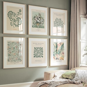 Set of 6 Printed Botanical Wall Art Prints Set Framed Sage Green Vintage Gallery Wall Decor