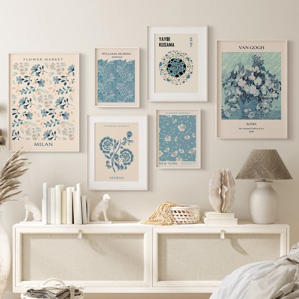 Blue Gallery Art Wall Set Contemporary Prints Flower Market Printable Wall Art Exhibition Wall Art Trendy Posters Modern Gallery Print