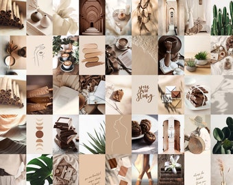 120pcs Boho Wall Collage Kit Brown Beige Aesthetic, Botanical Neutral Photo Collage Kit, Nature Earthy Picture Collage Set, DIGITAL DOWNLOAD