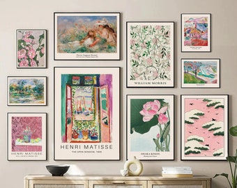 Grün Rosa Eklektische Galerie Wand Set Maximalist Wand Kunst Drucke Floral Vintage Galerie Wand Set druckbare Wandkunst Cottage Fine Art Prints
