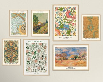 Digital Download Prints Set of 7, Maximalist Gallery Set, Soft Tones Printable Art, Vintage Eclectic Paintings, Yellow and Green Wall Prints