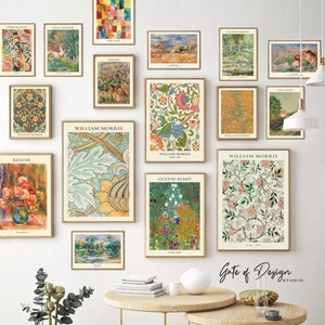 Eclectic Exhibition Gallery Wall Set: Green Vintage Maximalist Gallery Wall Print Set, Digital Prints Renoir Morris Klimt Van Gogh Wall Art