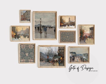 Vintage Paris Street Paintings Winter Art Prints Antique Paris Art Collection French Printable Wall Set Cityscape & Tapestry Illustrations