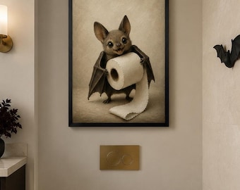 Printed Halloween Bathroom Wall Art  Framed Funny Bat Print Guest Bath Decor