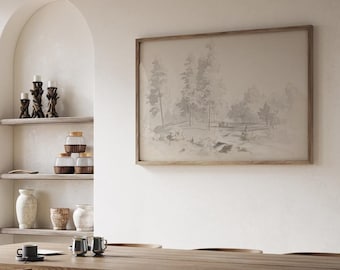 Vintage Forest Pencil Sketch Print: Neutral Landscape Art (Downloadable)