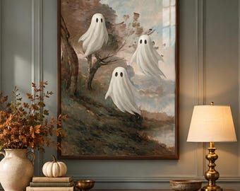 Printed Ghosts Halloween Wall Art Vintage Framed Woodland Print and Canvas for Fall Decor