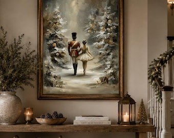 Printed Nutcracker Wall Art Soldier Ballarina Canvas Print Framed Winter Decor Vintage Holiday Painting Luxury Seasonal Artwork