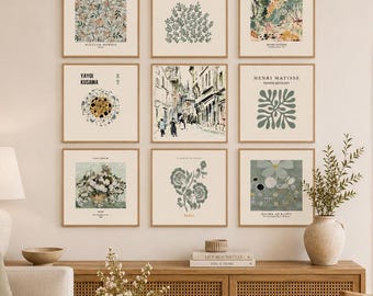 Printed Set Of 9 Square Gallery Wall Prints Neutral Vintage Eclectic Wall Art Sage Green Fine Art Collection