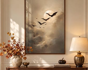 Printed Halloween Bat Wall Art Vintage Style Moon Canvas and Framed Print for Neutral Fall Decor