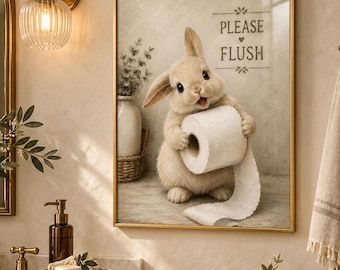 Printed Funny Bunny Bathroom Wall Art Please Flush Rabbit Print Cute Bathroom Decor Framed Neutral Powder Room Wall Art