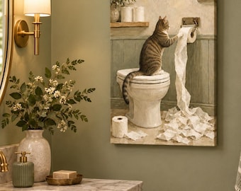 Printed Funny Cat Bathroom Wall Art Framed Vintage Toilet Paper Print Powder Room Decor Premium Frame with Glass