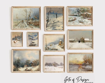 Vintage Winter Landscape Prints, Gallery Wall Set (Digital Download)