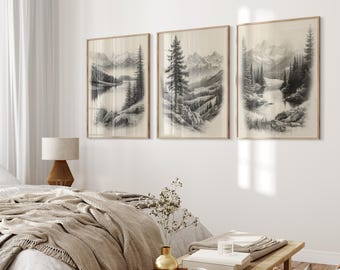 Vintage Mountain Landscape Sketch Prints Set (Digital Download)