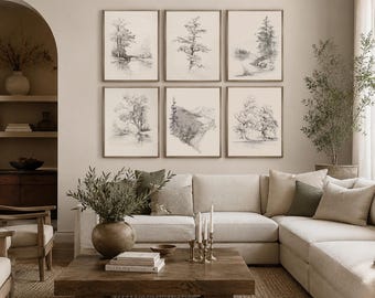 Canvas Wall Art Set Of 6 Vintage Pencil Sketch Wall Prints Neutral Woodland Tree Printed Wall Art Rustic Nature Gallery Set