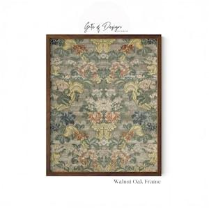 May include: A rectangular wall art print in a dark brown walnut oak frame. The print features a repeating damask pattern with muted green, orange, and yellow floral motifs on a textured gray background. The text Gate of Design STUDIO is visible.