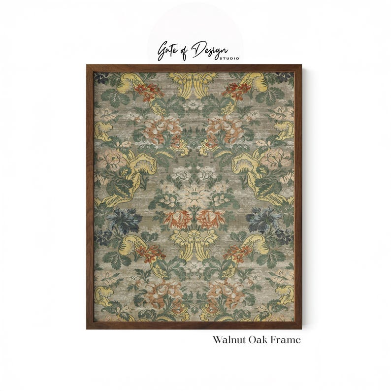 May include: A rectangular wall art print in a dark brown walnut oak frame. The print features a repeating damask pattern with muted green, orange, and yellow floral motifs on a textured gray background. The text Gate of Design STUDIO is visible.