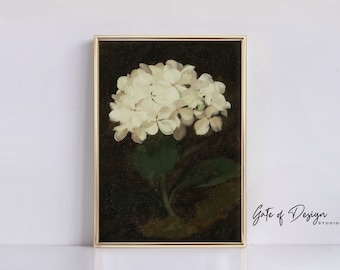 Peinture à l'huile florale de mauvaise humeur sombre vintage nature morte imprimable impression d'art fleur blanche ferme botanique murale art téléchargeable oeuvre antique