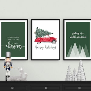 Donkergroen kerst afdrukbaar wanddecoratie, kerst wanddecoratie, galerij muur set van 3 prints, vakantie posters set, winter kunst aan de muur prints