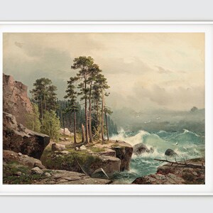 May include: A watercolor painting depicting a rocky coastline with a forest in the background. The sea is choppy with whitecaps and there are a few birds flying overhead. The sky is cloudy and the overall tone of the painting is muted.