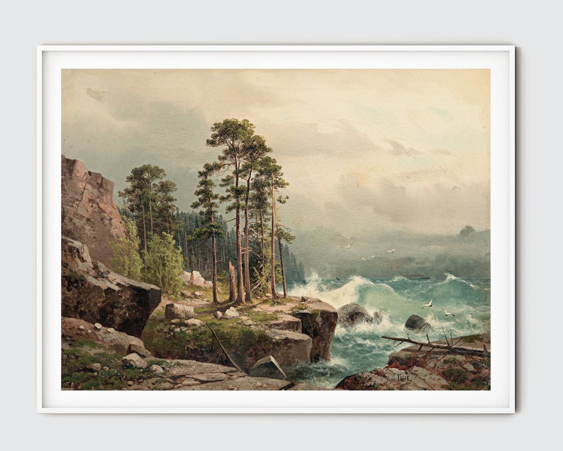 May include: A watercolor painting depicting a rocky coastline with a forest in the background. The sea is choppy with whitecaps and there are a few birds flying overhead. The sky is cloudy and the overall tone of the painting is muted.
