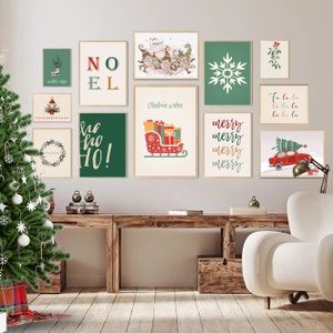 Beige groene kerstprints set, vintage kerstmuurdecoratie, kerstgalerij muurset, rustieke afdrukbare muurkunst, boho kerstversiering