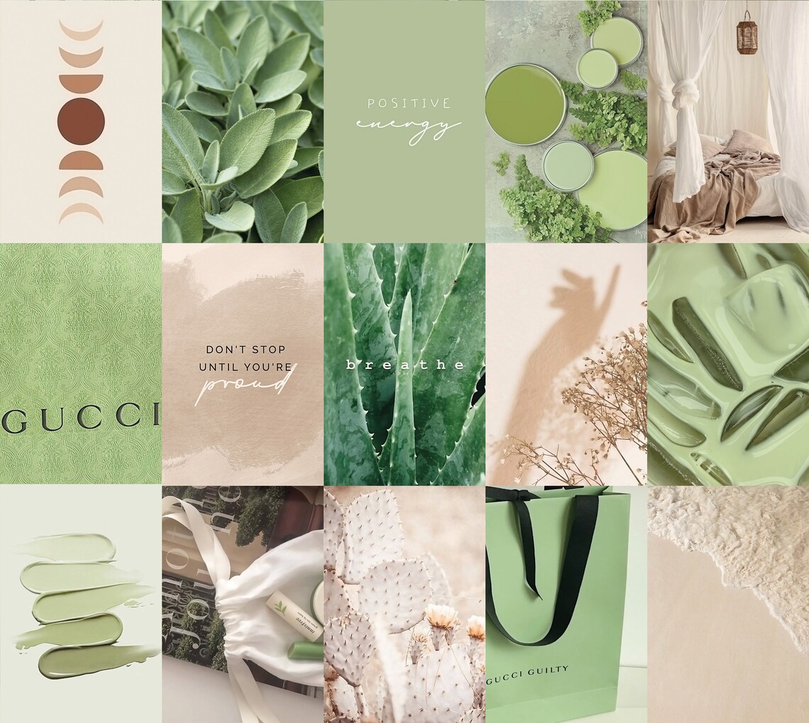 Boho Sage Green Wall Collage Kit 1 Aesthetic Botanical Soft Etsy