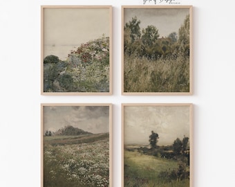 Vintage Landscape Prints Set: Neutral Meadow, European Cottagecore Gallery Wall Art (Digital Download)