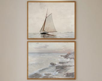 Printed Wall Art Coastal Set Of 2 Sailboat And Ocean Prints Framed Nautical Artwork Neutral Beach House Decor Horizontal Mailed Prints