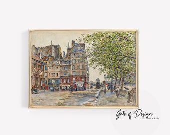 Vintage Paris Street Cityscape Wall Art Print, Antique Printable French Wall Decor, European Summer Landscape Painting DIGITAL Wall Print