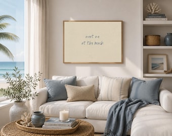 Printed Meet Me At The Beach Coastal Wall Art Beach Quote Canvas Print Blue Neutral Seaside Sign Decor Framed Entryway Housewarming Gift