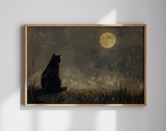Impressão Lua com Gato Preto: Arte de Parede Bruxa para o Halloween (Download Digital)
