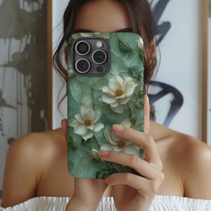 Stained Glass White Magnolia Green Phone Case iPhone Samsung Pixel Touch Case Botanical Floral Aesthetic Elegant White Flower Gift for Her