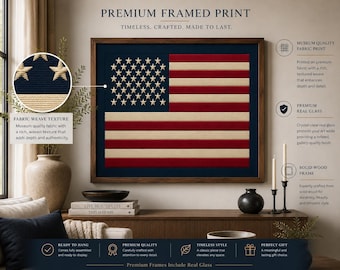 Printed American Flag Wall Art Framed USA Textile Flag Print Patriotic Decor 4th Of July Decor Americana Wall Art Veteran Gift