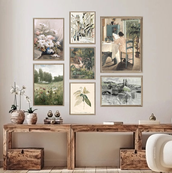 Vintage rústico galería pared impresión conjunto galería antigua pared arte  verde pinturas antiguas silenciadas neutral cabaña galería pared conjunto  decoración de la granja - Etsy España