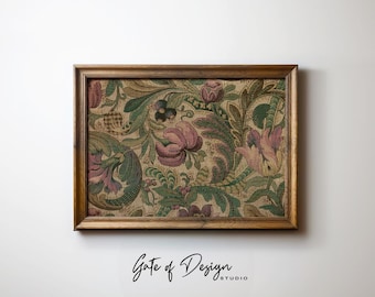 Vintage Floral Textile Art Print: Rustic Botanical Wall Decor (Digital Download)