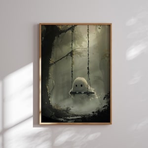 Cute Ghost Halloween Printable Wall Art Spooky Wall Print Halloween Wall Decor Misty Forest Print Eerie Nursery Halloween Digital Download