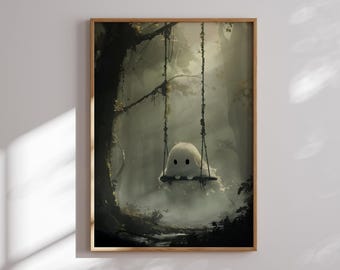 May include: A white, ghost-like figure sits on a swing in a dark, foggy forest. The swing is made of rope and wood, and the figure has a simple, round face with two black eyes.