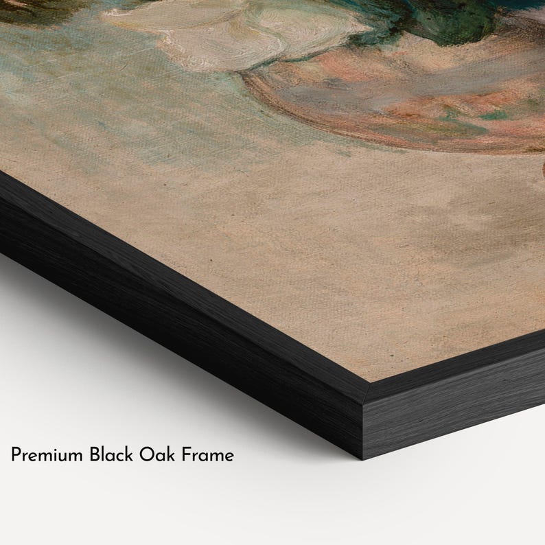 May include: A framed wall art piece featuring an oil painting with visible brushstrokes in shades of beige, green, and muted pink. The artwork is encased in a premium black oak frame with a textured finish, shown from an angled perspective.