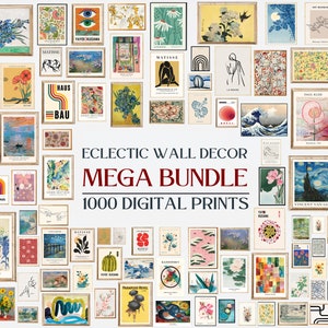 May include: A collage of 1000 digital prints featuring a variety of art styles, including abstract, floral, and landscape. The prints are arranged in a grid pattern and are framed in white.