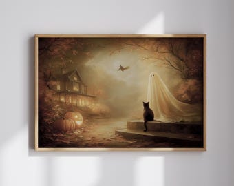 May include: A framed Halloween-themed print depicts a spooky scene with a haunted house, pumpkins, a ghost, and a black cat. A witch flies in the sky. The artwork is rendered in warm, autumnal colors, creating a mysterious and atmospheric vibe.