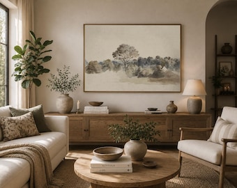 Large Canvas Vintage Tree Landscape Wall Print Oversized Countryside Art Print Neutral Farmhouse Decor Printed Rustic Home Decor