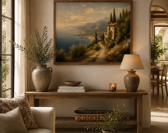 Printed Italian Coastal Cottage Wall Art Amalfi Coast Landscape Print Mediterranean Seaside Villa Decor, European Fine Art Painting