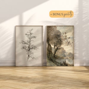 Vintage europäischer Baum-Skizzen-neutrale antike Landschaftskunstdruck-rustikale Natur und botanische Druck-Set Warme Küche Esszimmer RoomDecor