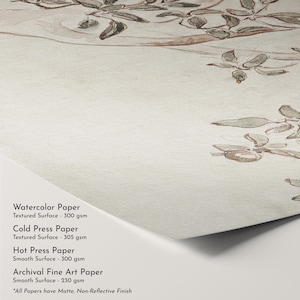 May include: A sheet of off-white paper featuring a brown and muted green botanical illustration of branches and leaves. Text lists paper types: Watercolor Paper 300 gsm, Cold Press Paper 305 gsm, Hot Press Paper 300 gsm, and Archival Fine Art Paper 230 gsm.