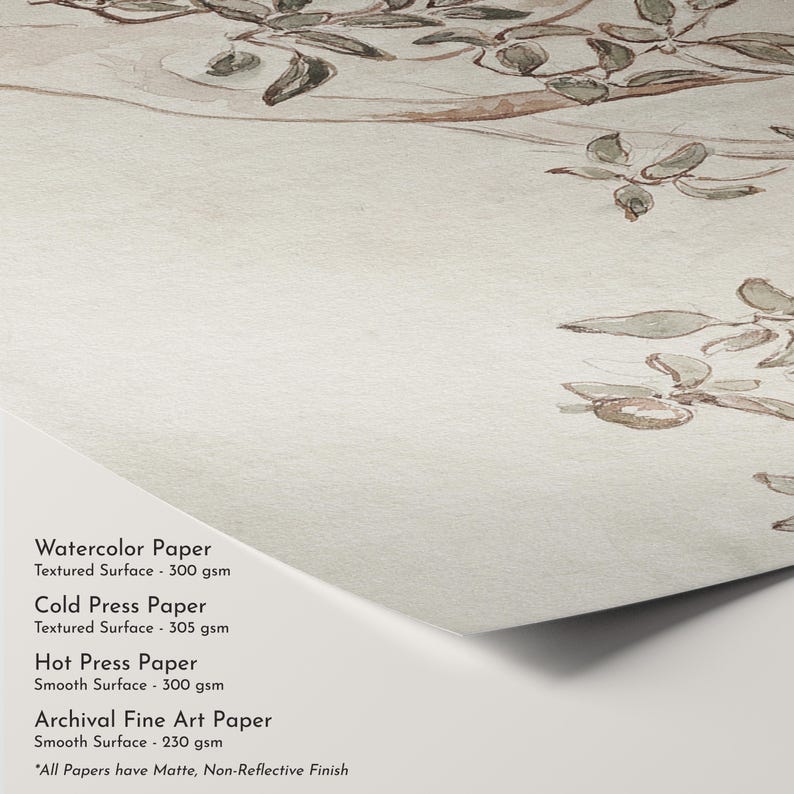 May include: A sheet of off-white paper featuring a brown and muted green botanical illustration of branches and leaves. Text lists paper types: Watercolor Paper 300 gsm, Cold Press Paper 305 gsm, Hot Press Paper 300 gsm, and Archival Fine Art Paper 230 gsm.