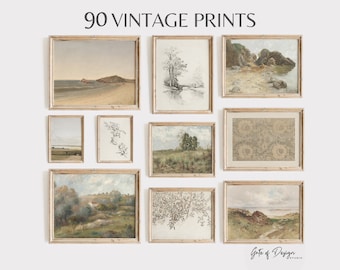 90 Set di arte da parete Galleria di campagna francese: Set di stampe d'arte vintage Paesaggio naturale Stampabile Arte da parete Stampe antiche Dipinti tenui Soggiorno